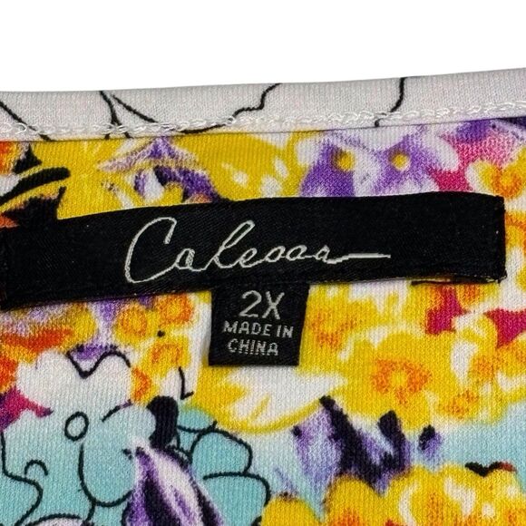 Calessa Floral Tunic Top Womens 2X White Black Colorblock Roll Tab Sleeves - Picture 10 of 11